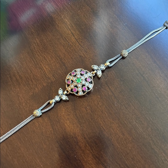 Turkish Elegant Gold Tone and Sterling Silver Bracelet with Multicolor Gemstones - Picture 5 of 8